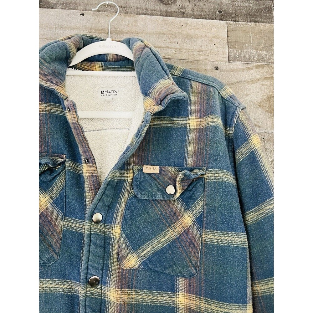Matix Mens Large Blue Yellow Sherpa Lined Flannel Shirt Jacket Plaid Shacket